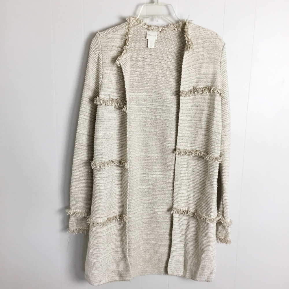 Chicos Long Open Front Cardigan Glitter Sweater Boho Style Size 0 Small